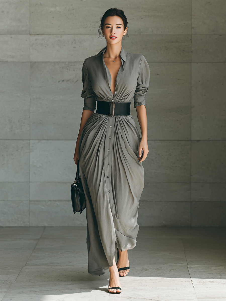 Susanna | Long dress with lapel collar and long sleeves