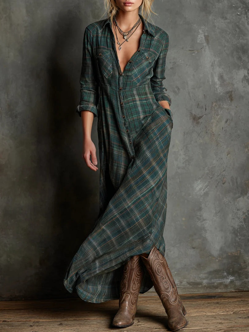Mary | Long green checkered Dress