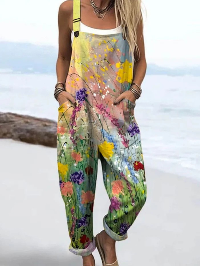 Summer Jumpsuit | Women's Jumpsuit with Vintage Floral Pattern and Art Graphic