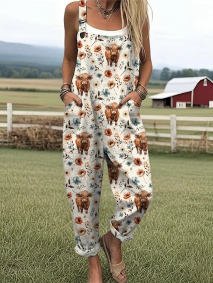 Summer Jumpsuit | with Highland Cow Pattern and Wide Legs