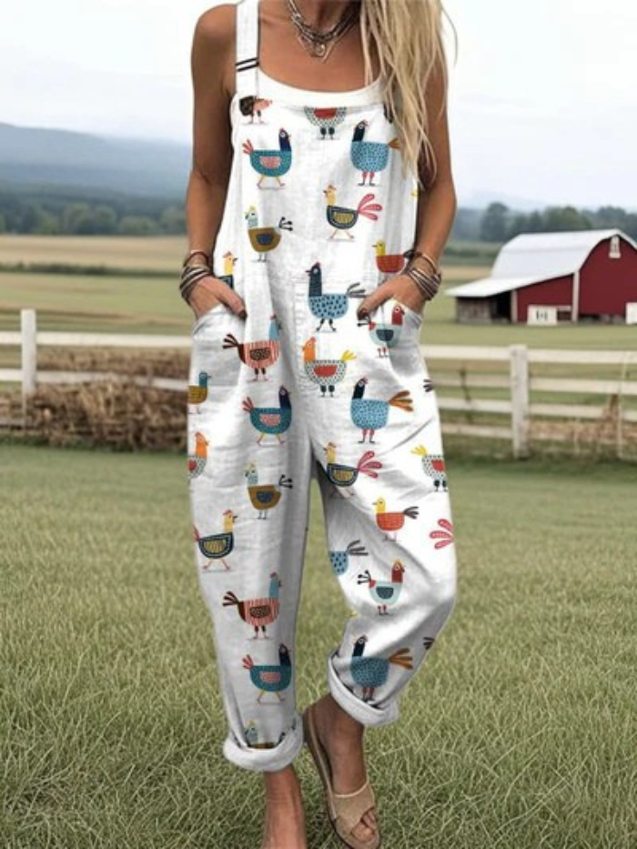 Summer Jumpsuit | with Wide Legs and Cheerful Farm Chicken Pattern