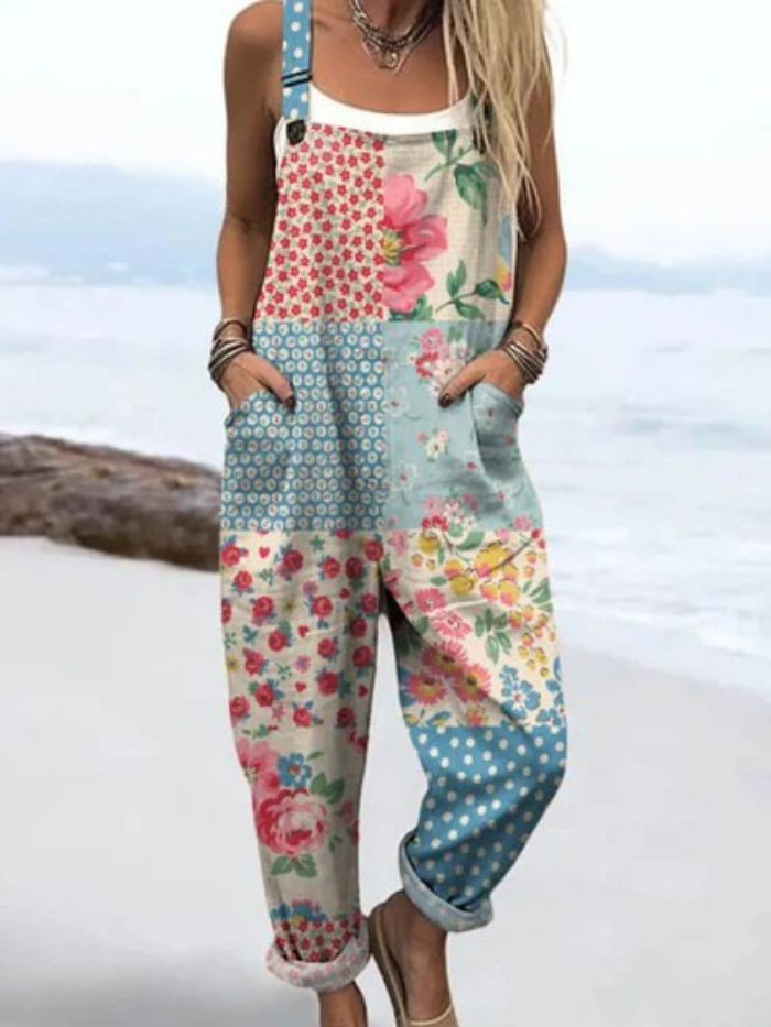 Summer Jumpsuit | Women's Jumpsuit with Vintage Floral Pattern and Patchwork