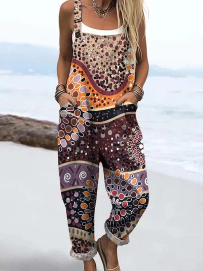 Summer Jumpsuit | with geometric pattern and art print, vintage style, wide cut